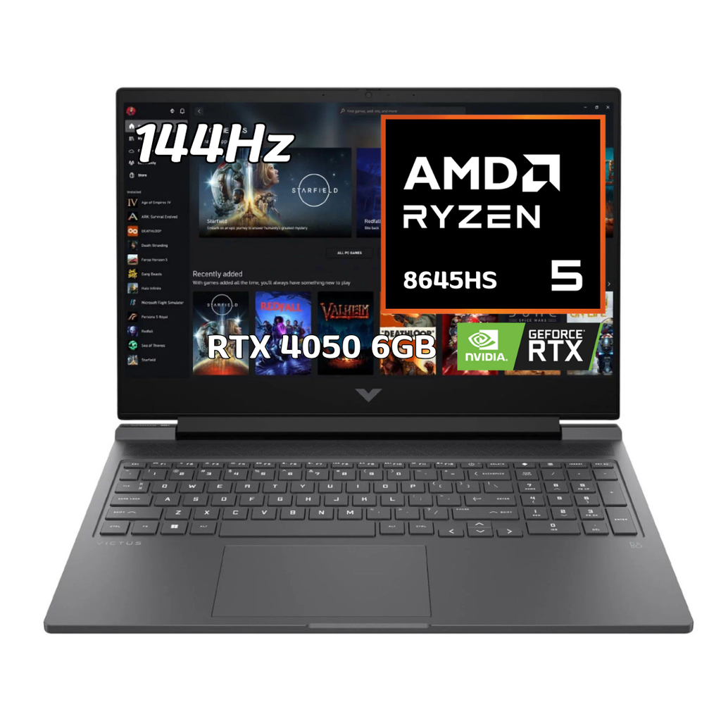HP Victus 15-fb2082wm GAMING LAPTOP, AMD Ryzen 5-8645HS, 8GB RAM Memory, 512GB Solid State Drive, NVIDIA GeForce RTX 4050 6GB vRAM, 15.6" FHD IPS 144Hz Sceen, Windows 11